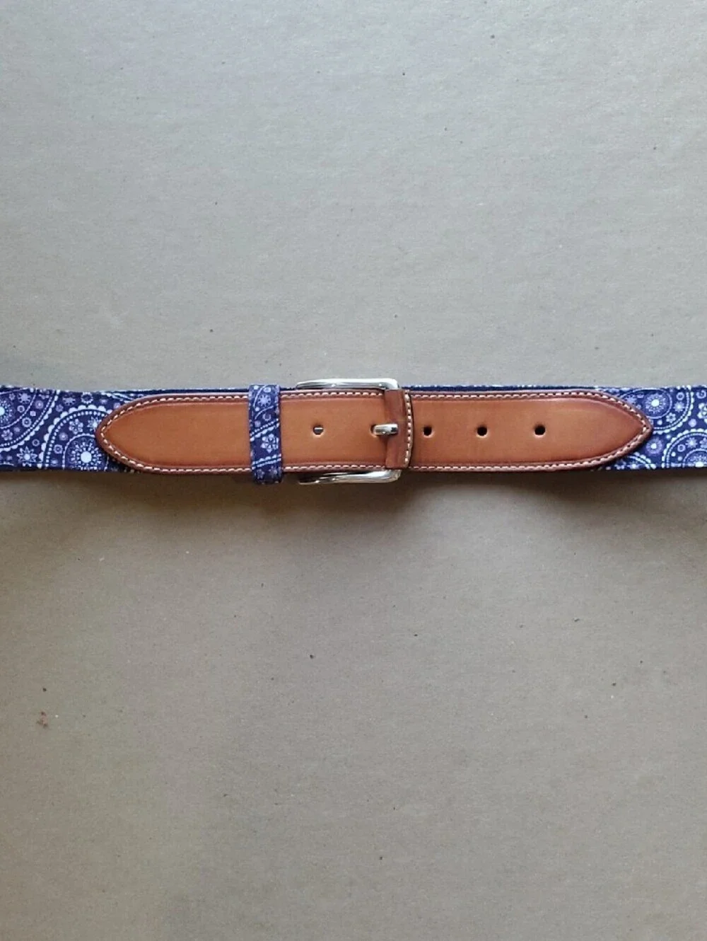 Bullock & Jones Purple  Paisley Fabric Belt with Brown Leather Accents 42